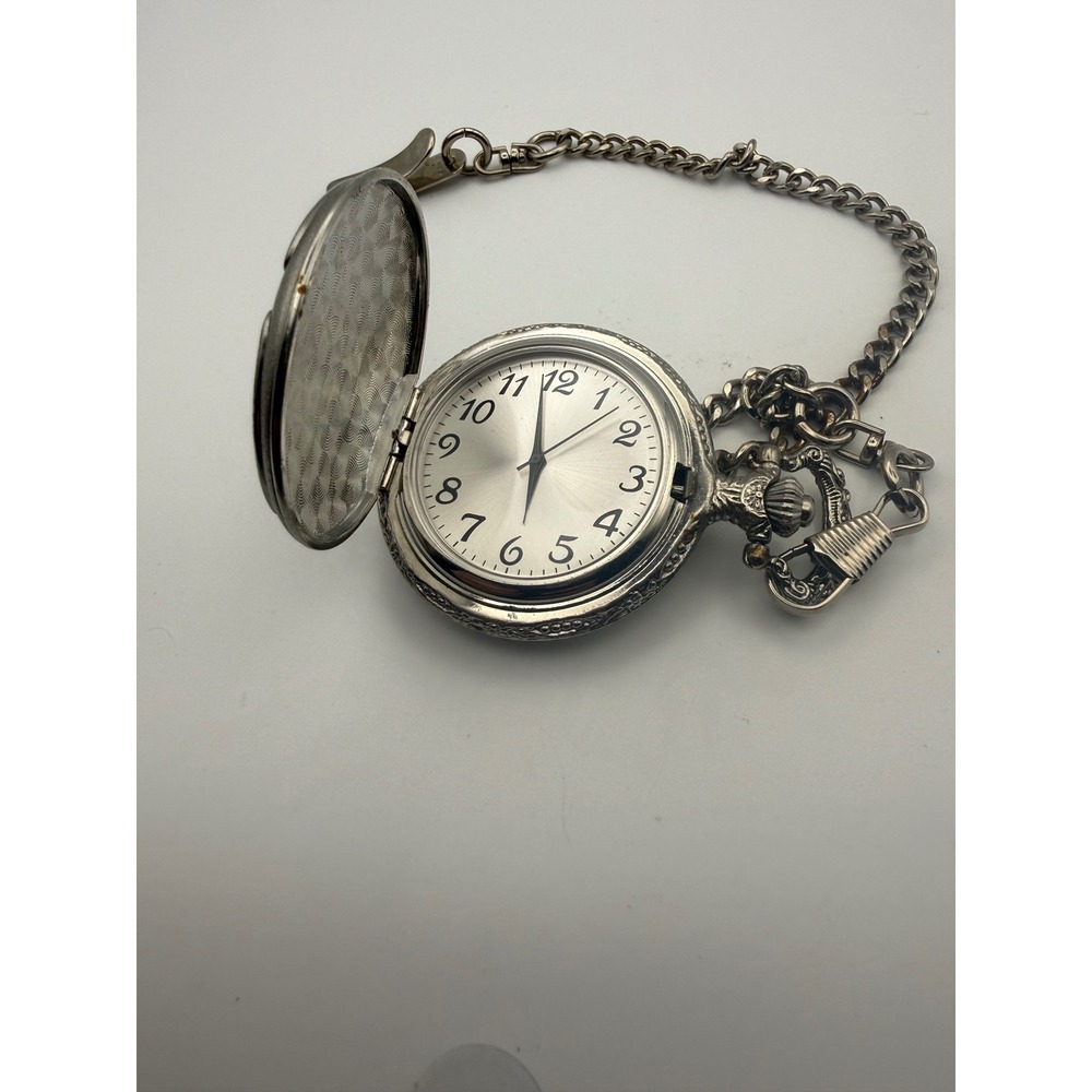 Vintage Silver Tone Eagle Embossed Pocket Watch Hunter Case Arabic Numeral Dial
